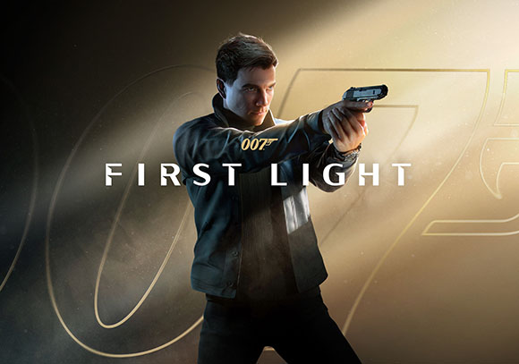 A man in a dark jacket aims a handgun forward against a golden, backlit background.