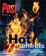 A figure with a flaming head and body stands amidst a large fire. Text reads "Hot Wheels" and "Ghost Rider".