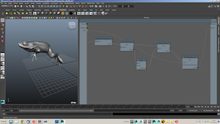 A 3D software interface displaying a grey frog model on a grid and a node-based editing graph.