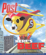 Cartoon cow superhero with cape and boots flies over city buildings with text 'HERE'S THE BEEF'.