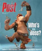 A large, furry creature dances with small figures, text reads "Who's the BOSS?"