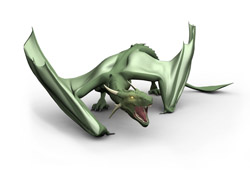 A 3D model of a green dragon with large wings and an open mouth on a white background.