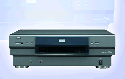 A black JVC electronic component with a digital display and control buttons on a light blue background.