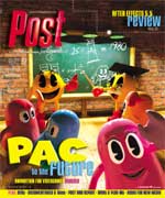 Pac-Man characters, including Pac-Man and Blinky, are in a classroom. A chalkboard behind them has math equations.