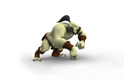 A muscular, pale-skinned humanoid creature with dark hair and brown loincloth crouching on a white background.