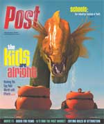 A large, orange, mythical sea creature with fins and sharp teeth rises from the water. Two small inflatable rafts with people