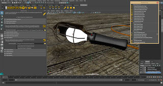 A 3D modeling software interface displaying a dark object with a white circular pattern on a wood texture background.