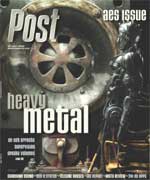 Cover of Post Heavy Metal magazine with a metallic robot figure on the right and industrial gears in the background.