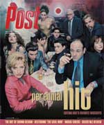 A group of people are gathered around a table, with one man in the foreground smoking a cigar. The word "Post" is visible at