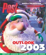 A cartoon image of Santa Claus looking to the side, with a snowman in the background. The text "Post Outlook 2003" is visible