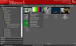 Screenshot of DIVAdirector 5 software with media library and context menu open.