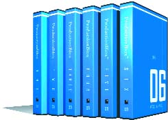 Six bright blue binders standing vertically in a row against a white background.