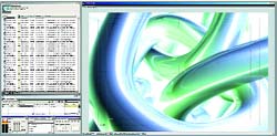 A computer interface showing a complex 3D rendering of blue and green swirling tubular shapes.
