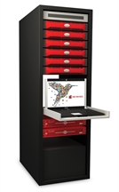 Server rack with red storage units, monitor displaying a hummingbird graphic, and pull-out keyboard.