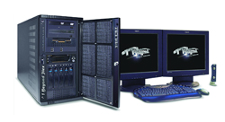 A blue tower computer with an open side panel, two monitors, a keyboard, and a mouse.