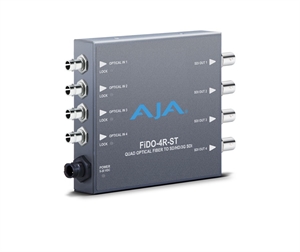 A gray AJA FIDO-4R-ST device with four optical inputs on the left and four SDI outputs on the right.