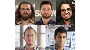 A collage of five individual portrait headshots of different men against various backgrounds.