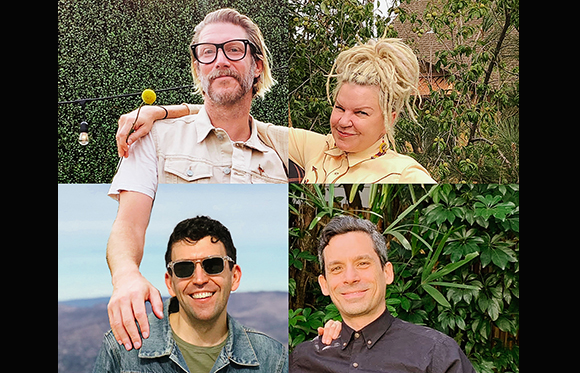 Four separate portraits of smiling people in outdoor settings.