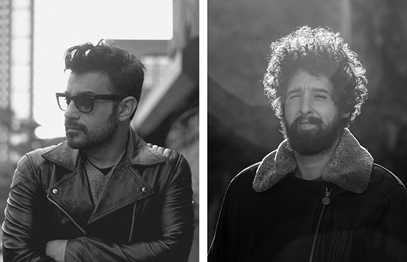 Two black and white portraits of men, one in a leather jacket and one with curly hair and a beard.