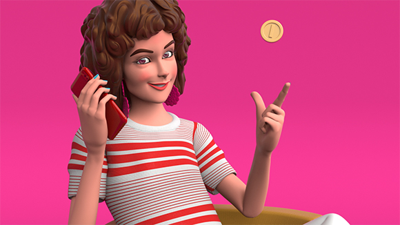3D character of a woman in a striped shirt talking on a red phone with a gold coin floating in the air.