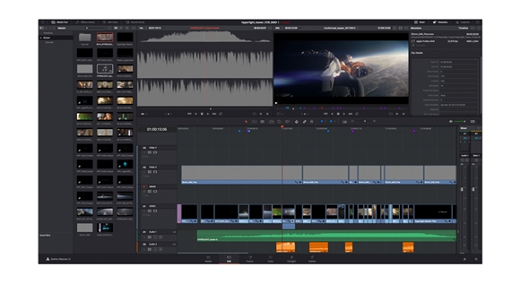 A dark-themed video editing software interface showing a media bin, timeline, and video preview window.