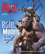 Cover of Post Magazine with the title "Role Models" and "3D with character". A large, muscular ogre-like creature carries a s