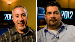 Split portrait of two men smiling or looking forward in front of monitors displaying the year 2012.