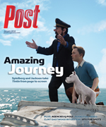 Captain Haddock and Tintin from The Adventures of Tintin stand on a boat with Snowy the dog.