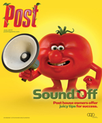 Cartoon tomato with a megaphone and smiling face, on a yellow background with the Post magazine logo and text.