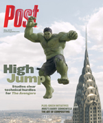 The Hulk, a large green muscular figure, jumps in the air with a skyscraper to his right.