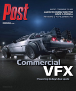 DeLorean car with wings and large rear wheels, illuminated at night, on the cover of Post magazine.