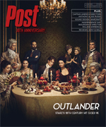 The cast of Outlander poses around a dining table laden with food and candles. The Post 10th Anniversary logo is visible.