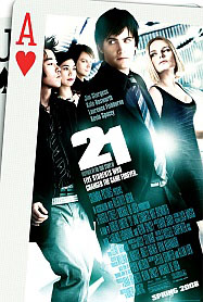 Movie poster for 21 featuring five actors, overlaid on an Ace of Hearts playing card.
