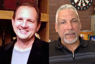 A split image showing a smiling man in a black jacket on the left and a man with a grey goatee on the right.