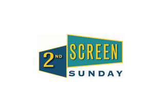 Logo with text '2nd SCREEN SUNDAY' inside teal and dark blue geometric shapes.