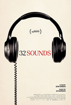 Large black over-ear headphones centered on a cream background with the title 32 Sounds.