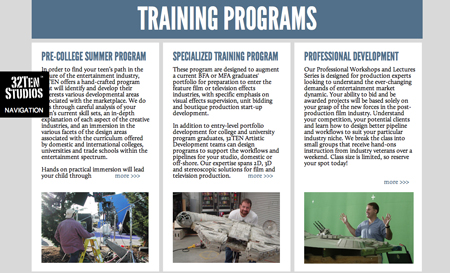 Webpage showing three training program columns: Pre-College, Specialized Training, and Professional Development.