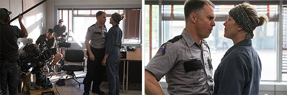 A film crew operates cameras on a set, next to a close-up of a man in uniform and a woman facing each other.
