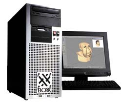 A black and silver computer tower next to a monitor displaying a 3D model of a character.