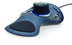 A blue ergonomic computer mouse featuring a large central joystick and various control buttons.