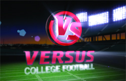A red and white VS logo over a football stadium at night with bright lights.