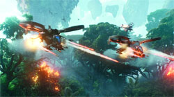 Two futuristic aircraft fly over a dense jungle with floating islands in the background.
