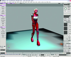 A 3D software interface showing a red and black female humanoid character model in a digital workspace.