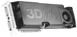 A black 3Dlabs graphics card with a cooling fan and various connection ports.