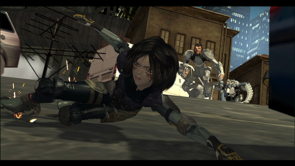 A dark-haired cyborg character slides on the ground while a large armored figure stands in the background.