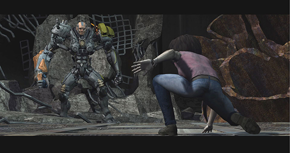A cyborg in a pink shirt crouches facing a large, armored robotic humanoid in a rocky setting.