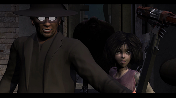 A man with white-rimmed glasses and a wide hat stands before a startled young girl and a dark silhouette.