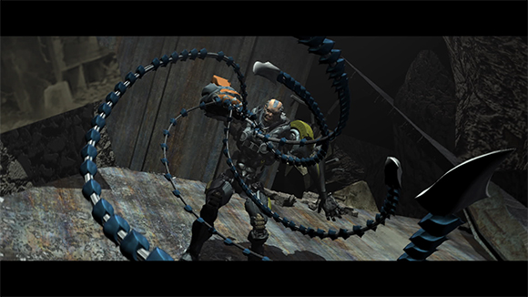 A character in dark armor stands amidst swirling, segmented blue mechanical tentacles.
