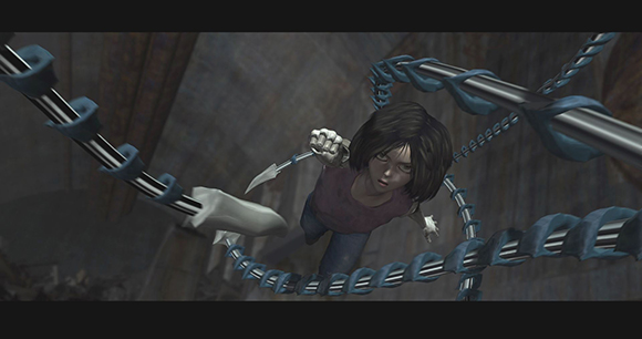 A young woman with dark hair is surrounded by large, blue-accented metallic tentacles in a dark setting.