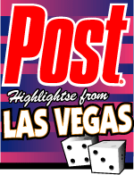 Logo for Post Highlights from Las Vegas, featuring the word Post in red and white, with dice in the foreground.